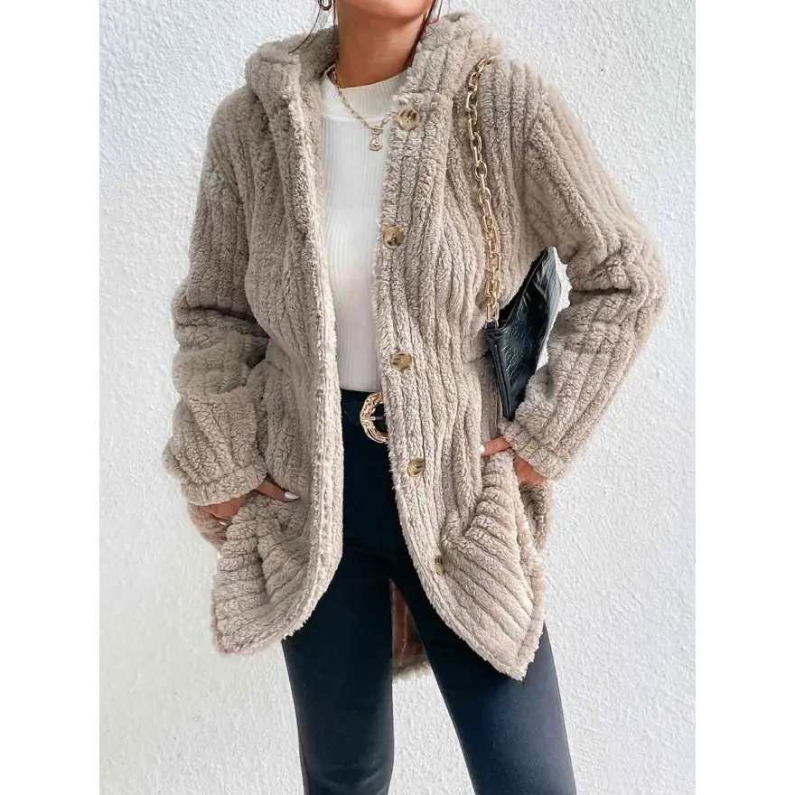 Warm and Chic Button Down Hooded Coat Tumble Dry Low Clothing Coats Trendsi