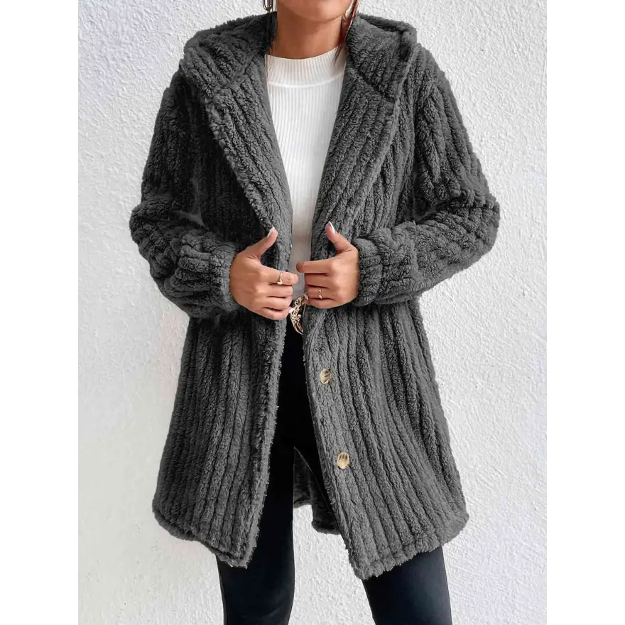 Warm and Chic Button Down Hooded Coat Tumble Dry Low Clothing Coats Trendsi