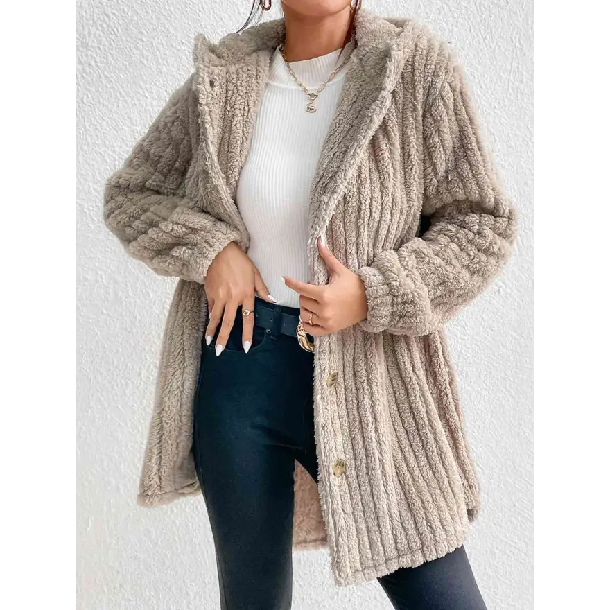 Warm and Chic Button Down Hooded Coat Tumble Dry Low Clothing Coats Trendsi