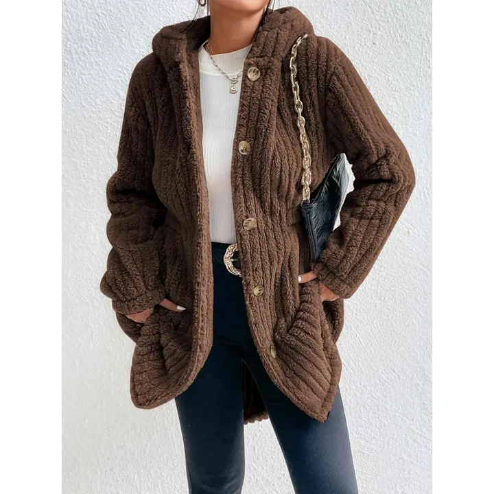 Warm and Chic Button Down Hooded Coat Tumble Dry Low Clothing Coats Trendsi