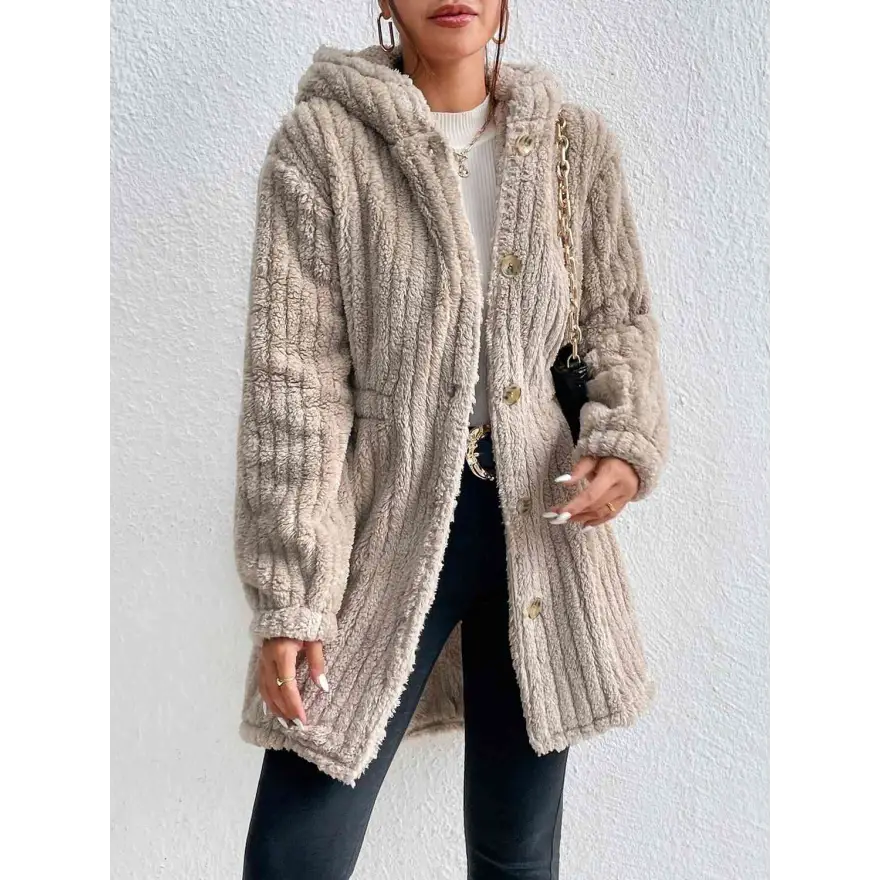 Warm and Chic Button Down Hooded Coat Tumble Dry Low Clothing Coats Trendsi