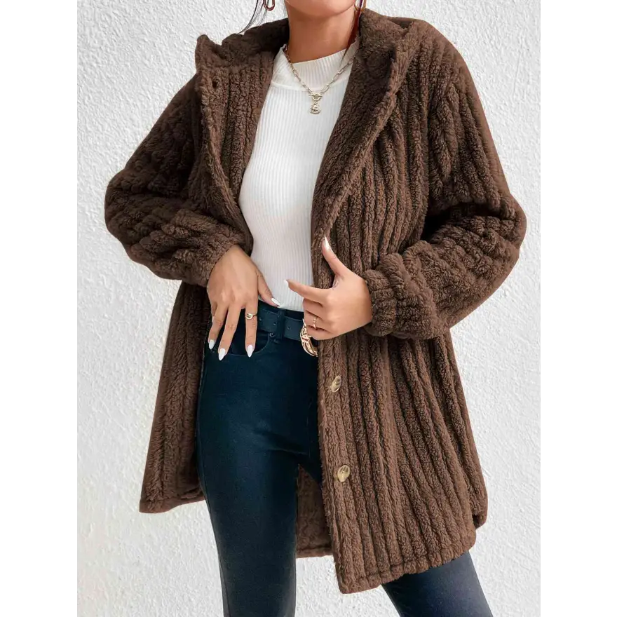 Warm and Chic Button Down Hooded Coat Tumble Dry Low Clothing Coats Trendsi