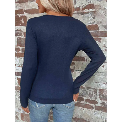 Elevate Your Wardrobe with Our Buttoned Surplice Neck Long Sleeve Top Clothing Tops Trendsi