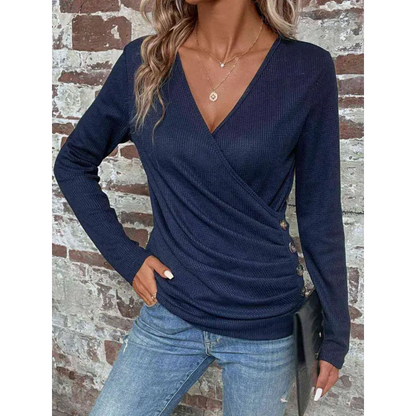 Elevate Your Wardrobe with Our Buttoned Surplice Neck Long Sleeve Top Clothing Tops Trendsi