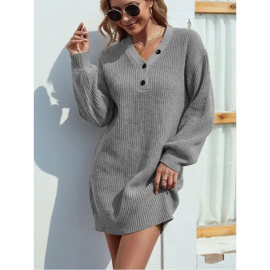 Elevate Your Wardrobe with the Buttoned V-Neck Sweater Dress Clothing Tops Trendsi