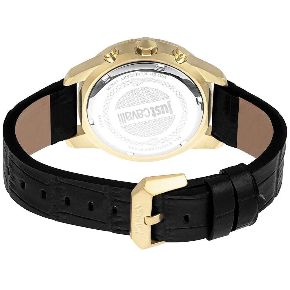 Cavalli Black Leather Dress Watch with Golden Stainless Steel Case