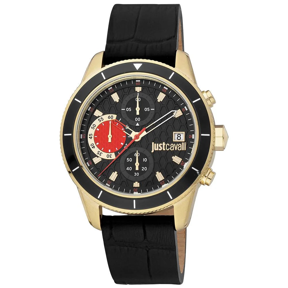 Cavalli Black Leather Dress Watch with Golden Stainless Steel Case