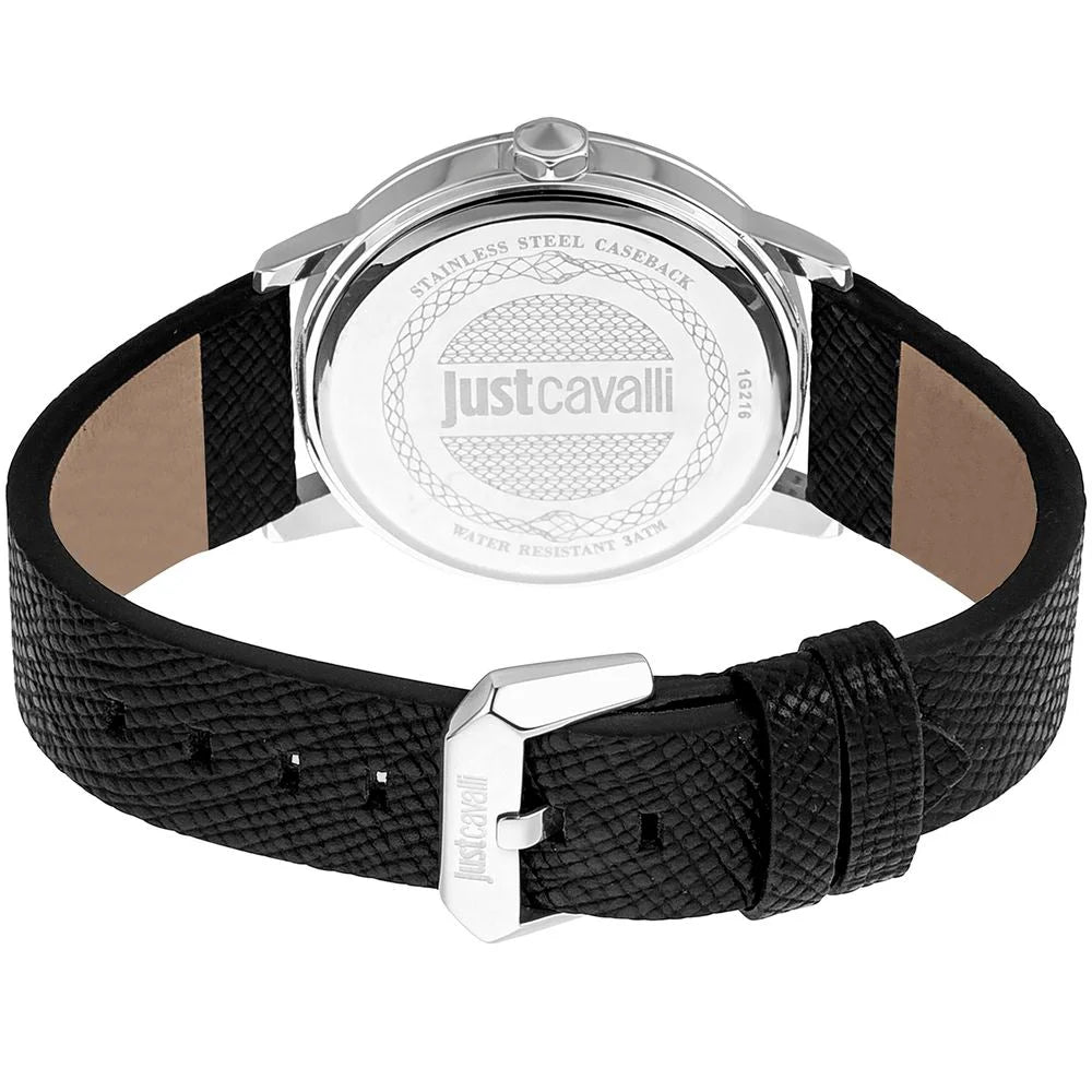 Cavalli Black Leather Dress Watch with Multicolored Dial and Steel Case