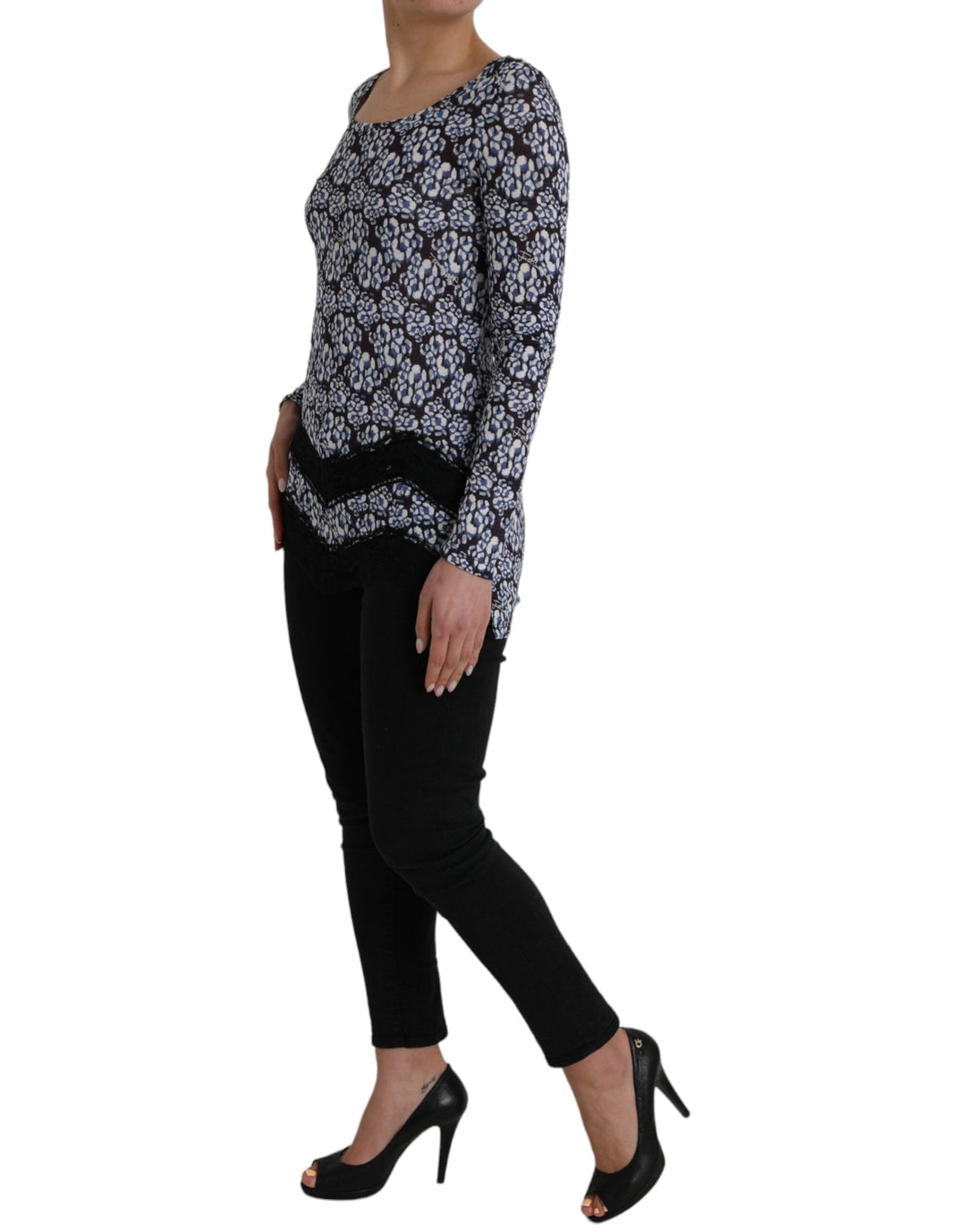 Just Cavalli - Blue Floral Lace Long Sleeves Top Underwear Blouse