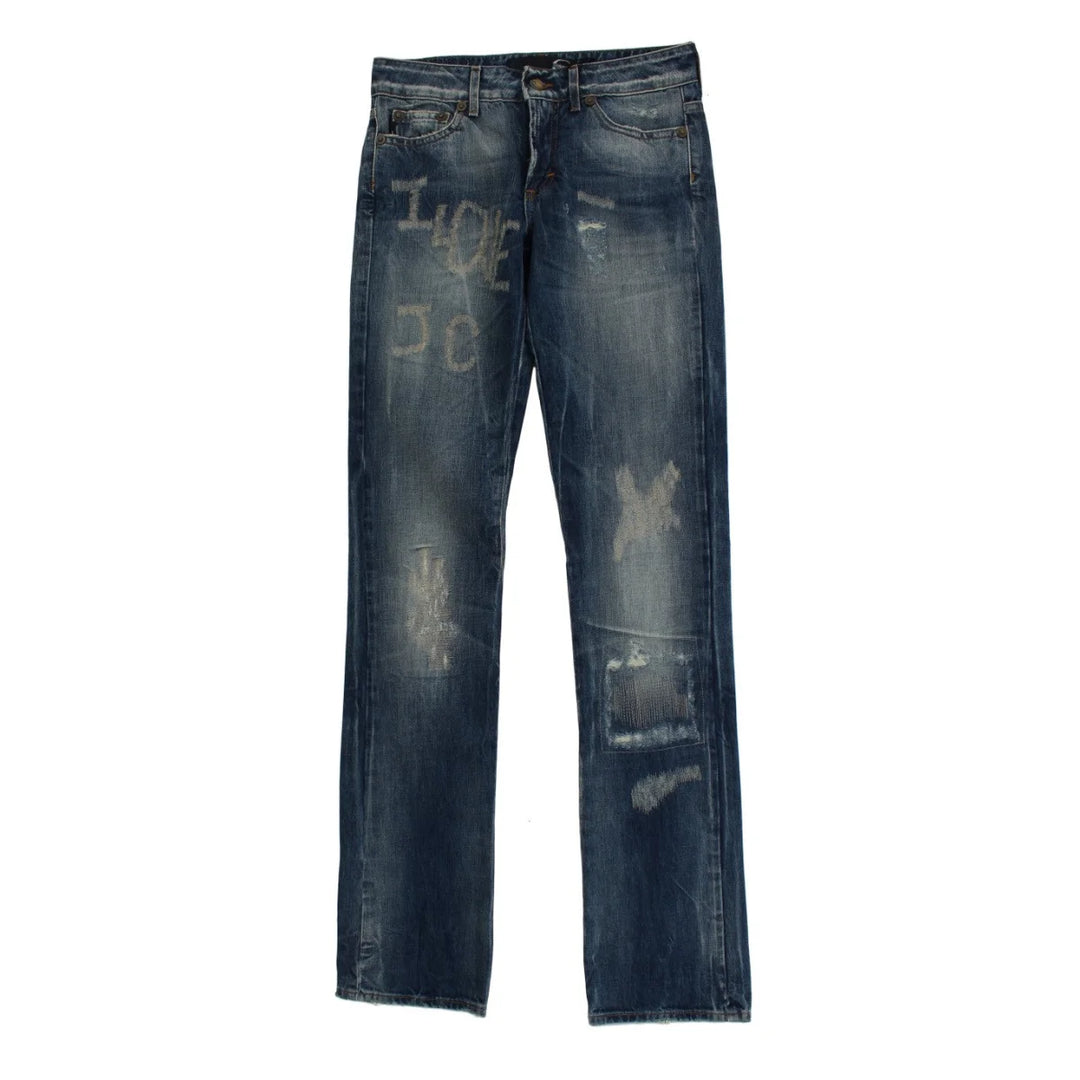 Cavalli Blue Wash Torn Cotton Straight Fit Jeans