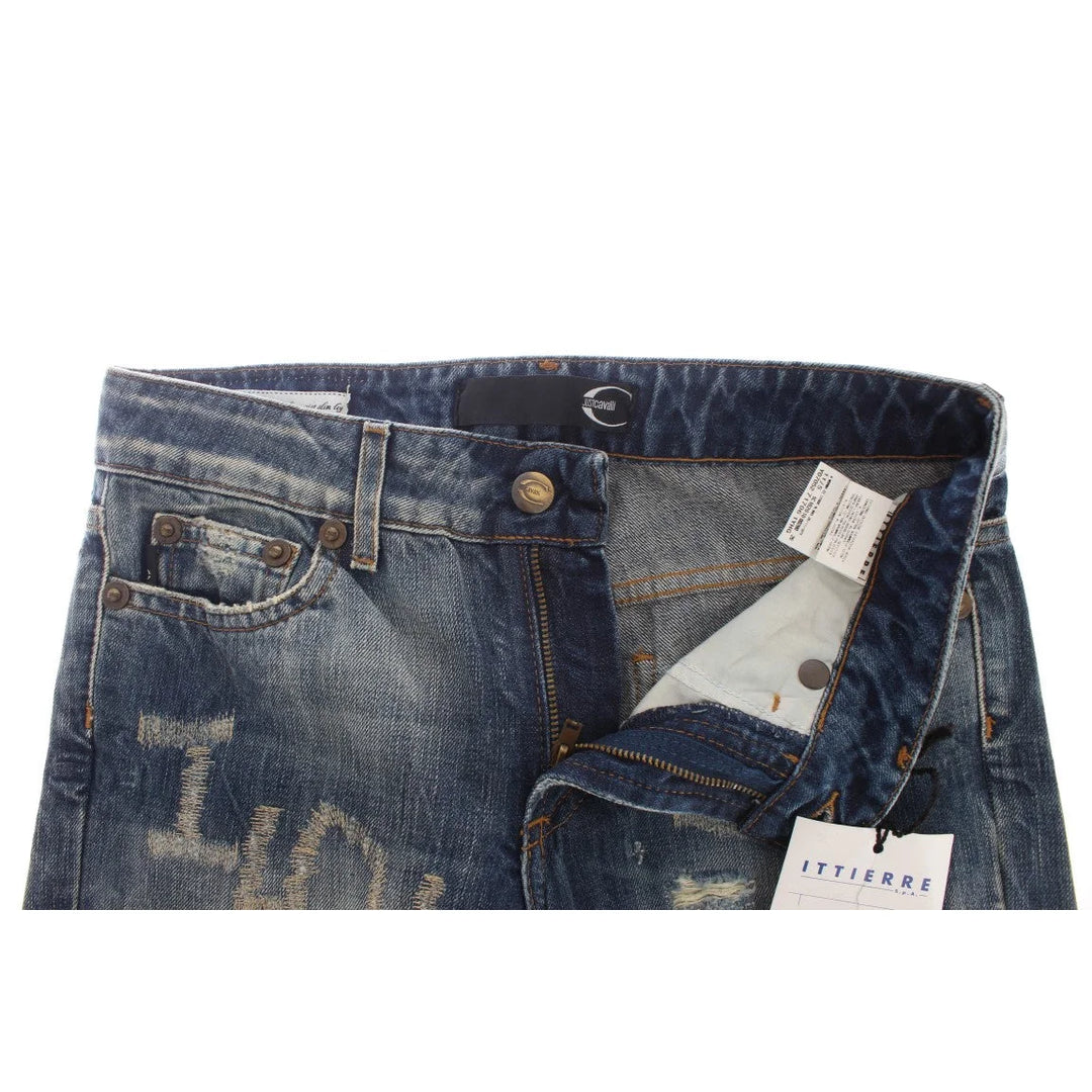 Cavalli Blue Wash Torn Cotton Straight Fit Jeans