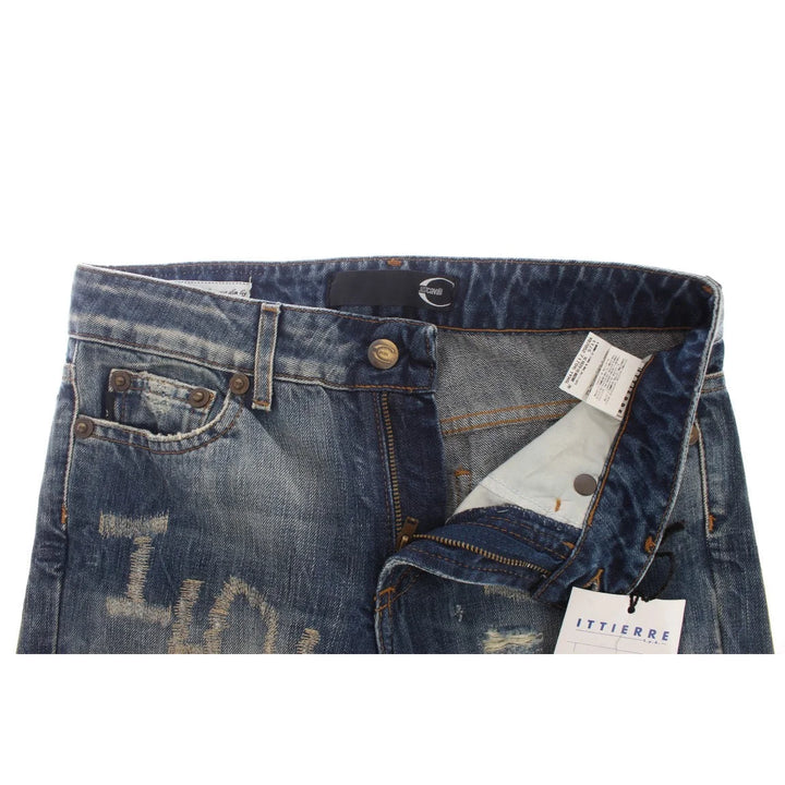 Cavalli Blue Wash Torn Cotton Straight Fit Jeans