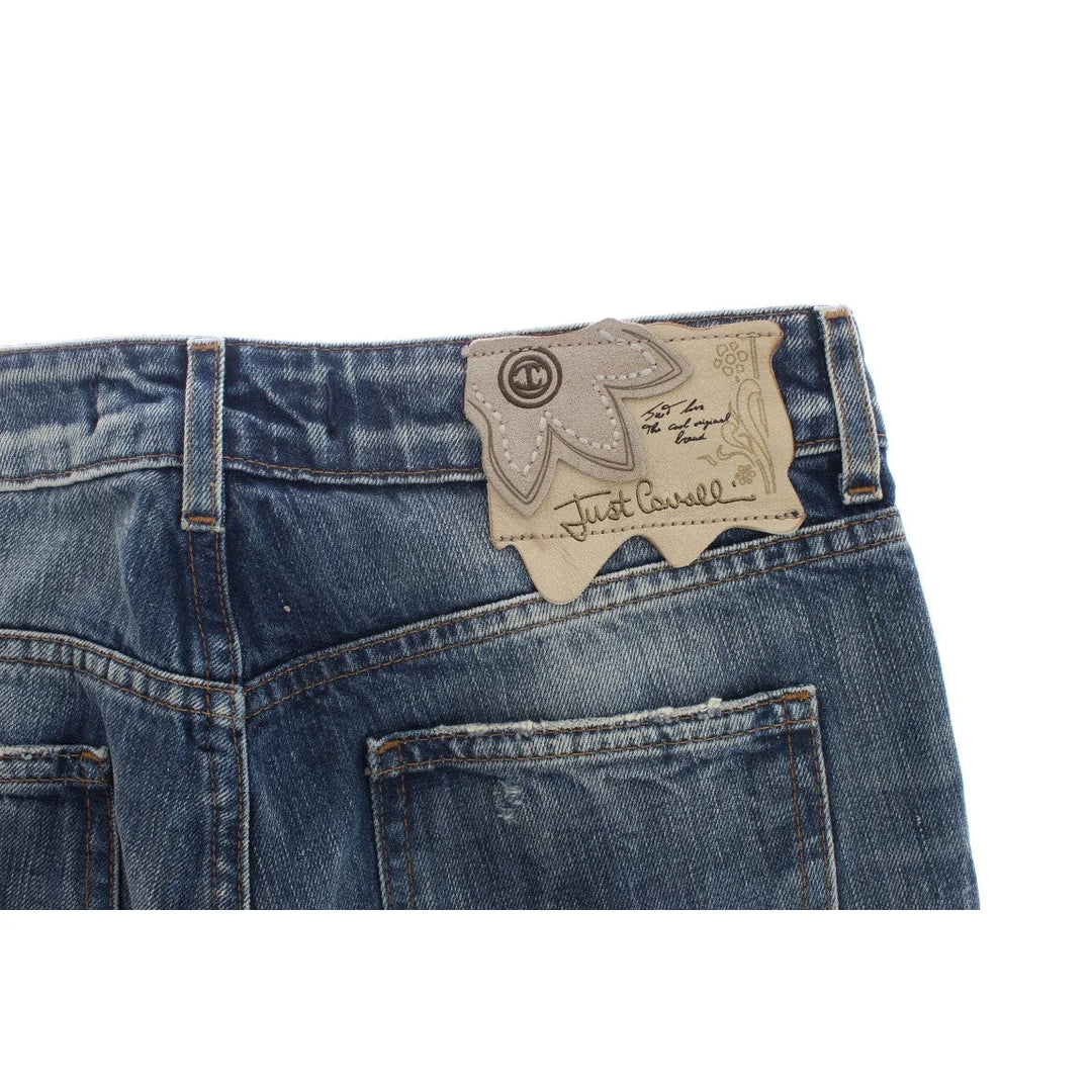 Cavalli Blue Wash Torn Cotton Straight Fit Jeans