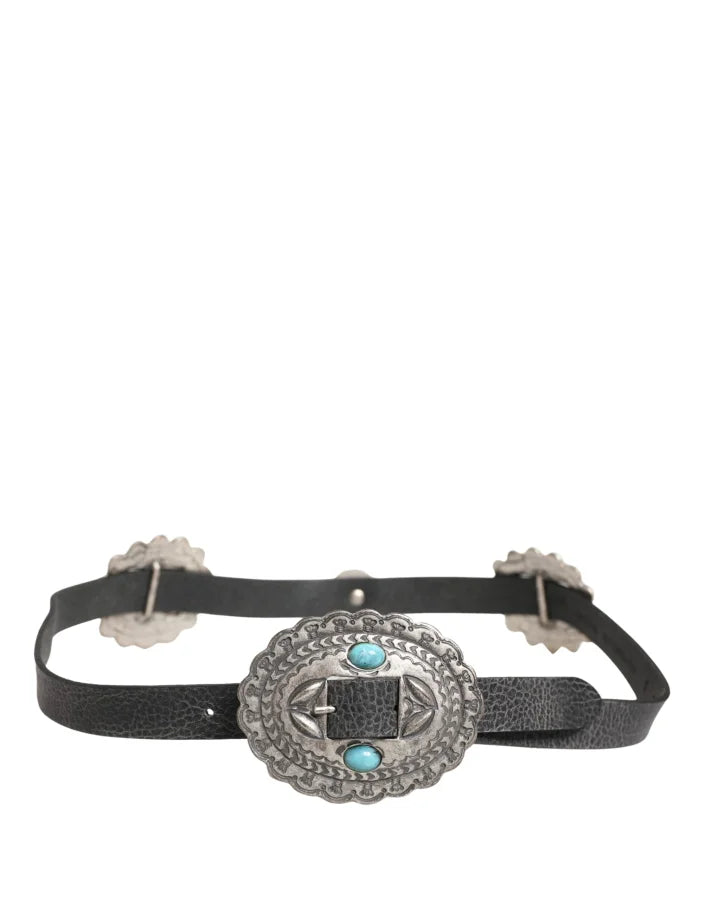 Cavalli Class Black Turquoise Leather Embellished Oval Buckle Belt