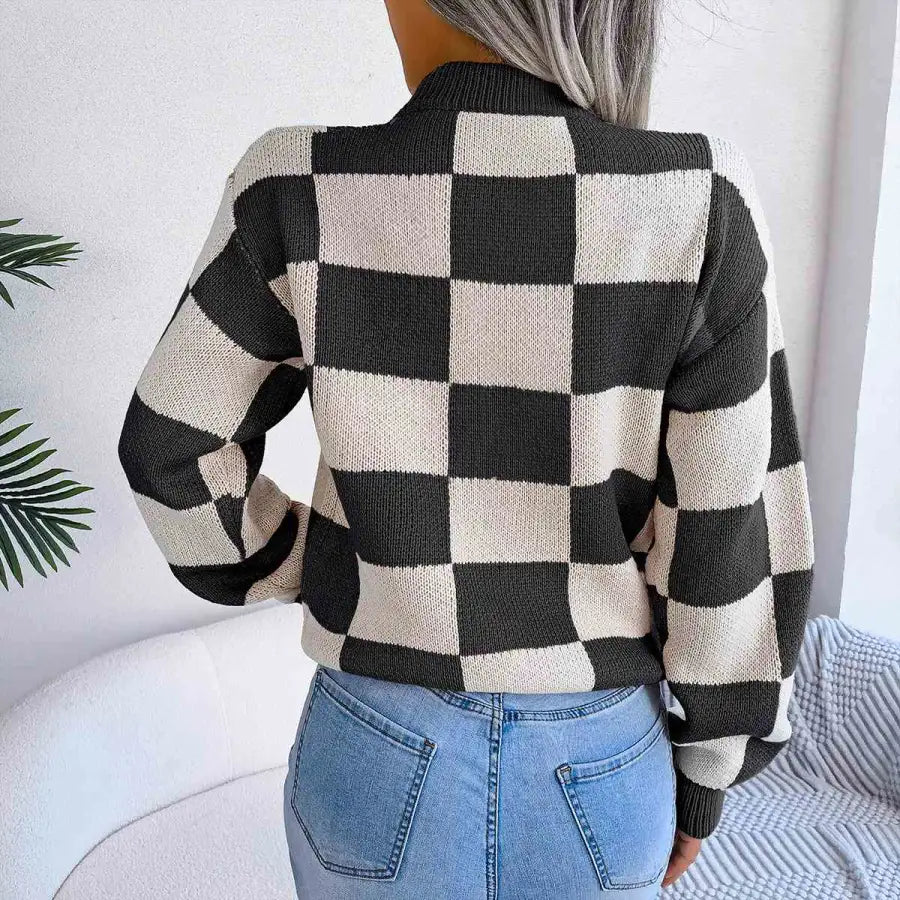 Chic Checkered Drop Shoulder Sweater for Effortless Style Clothing Tops Trendsi