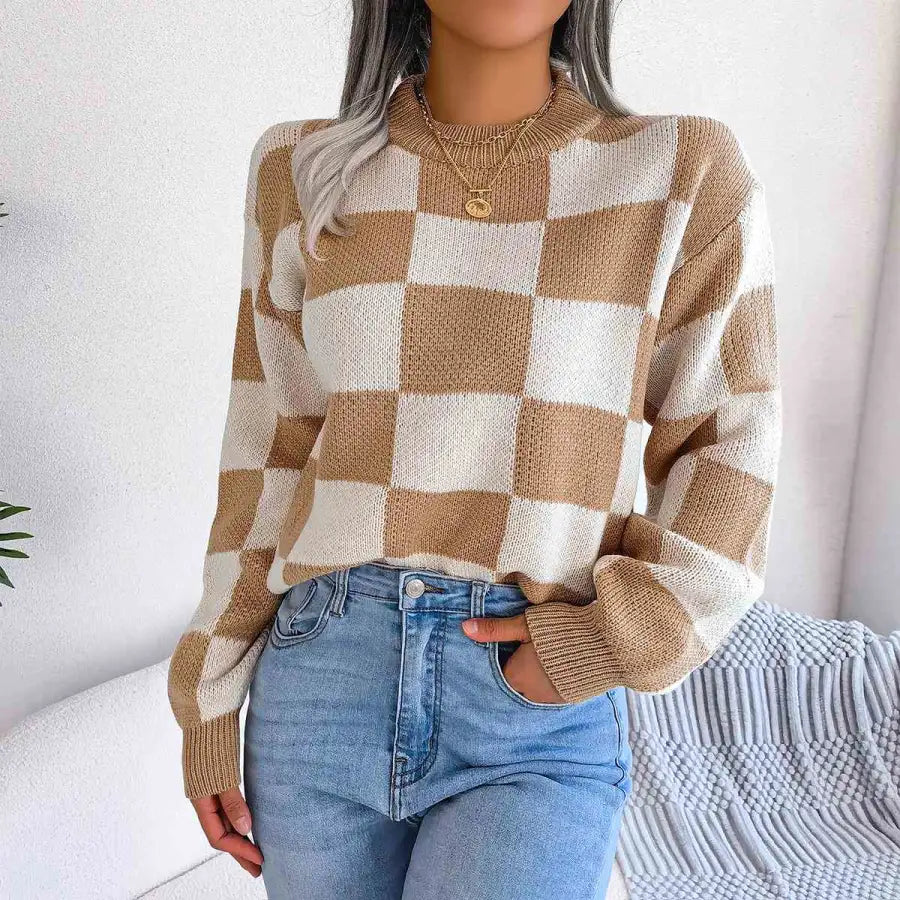 Chic Checkered Drop Shoulder Sweater for Effortless Style Clothing Tops Trendsi