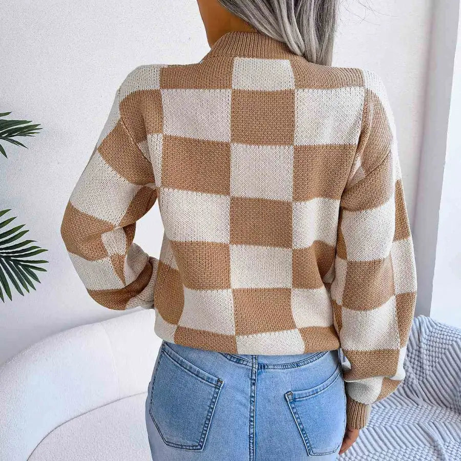 Chic Checkered Drop Shoulder Sweater for Effortless Style Clothing Tops Trendsi