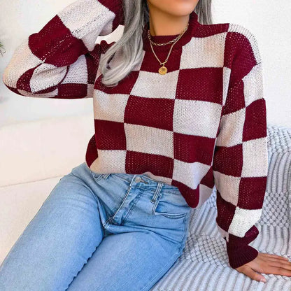 Chic Checkered Drop Shoulder Sweater for Effortless Style Clothing Tops Trendsi