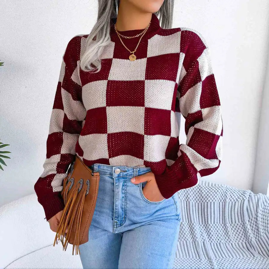 Chic Checkered Drop Shoulder Sweater for Effortless Style Clothing Tops Trendsi