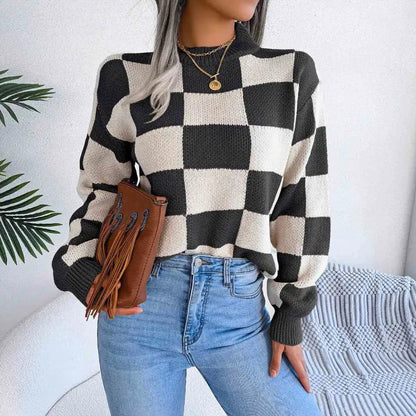 Chic Checkered Drop Shoulder Sweater for Effortless Style Clothing Tops Trendsi