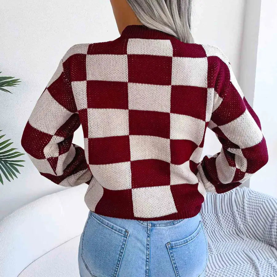 Chic Checkered Drop Shoulder Sweater for Effortless Style Clothing Tops Trendsi