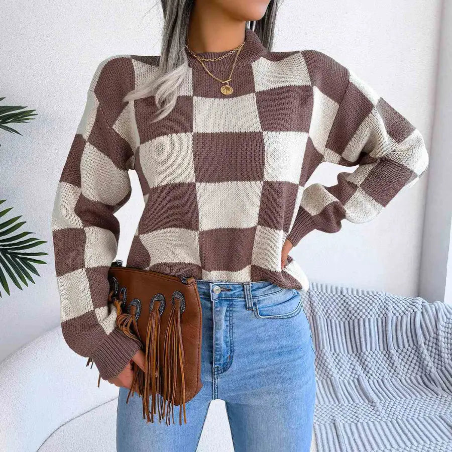 Chic Checkered Drop Shoulder Sweater for Effortless Style Clothing Tops Trendsi