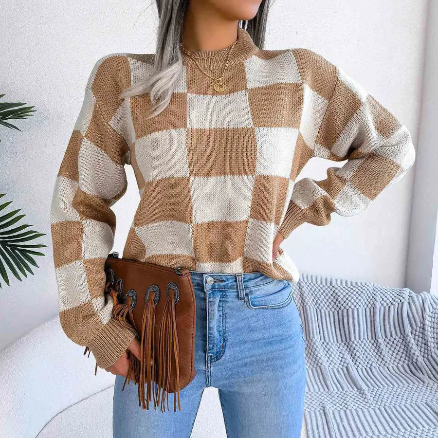 Chic Checkered Drop Shoulder Sweater for Effortless Style Clothing Tops Trendsi