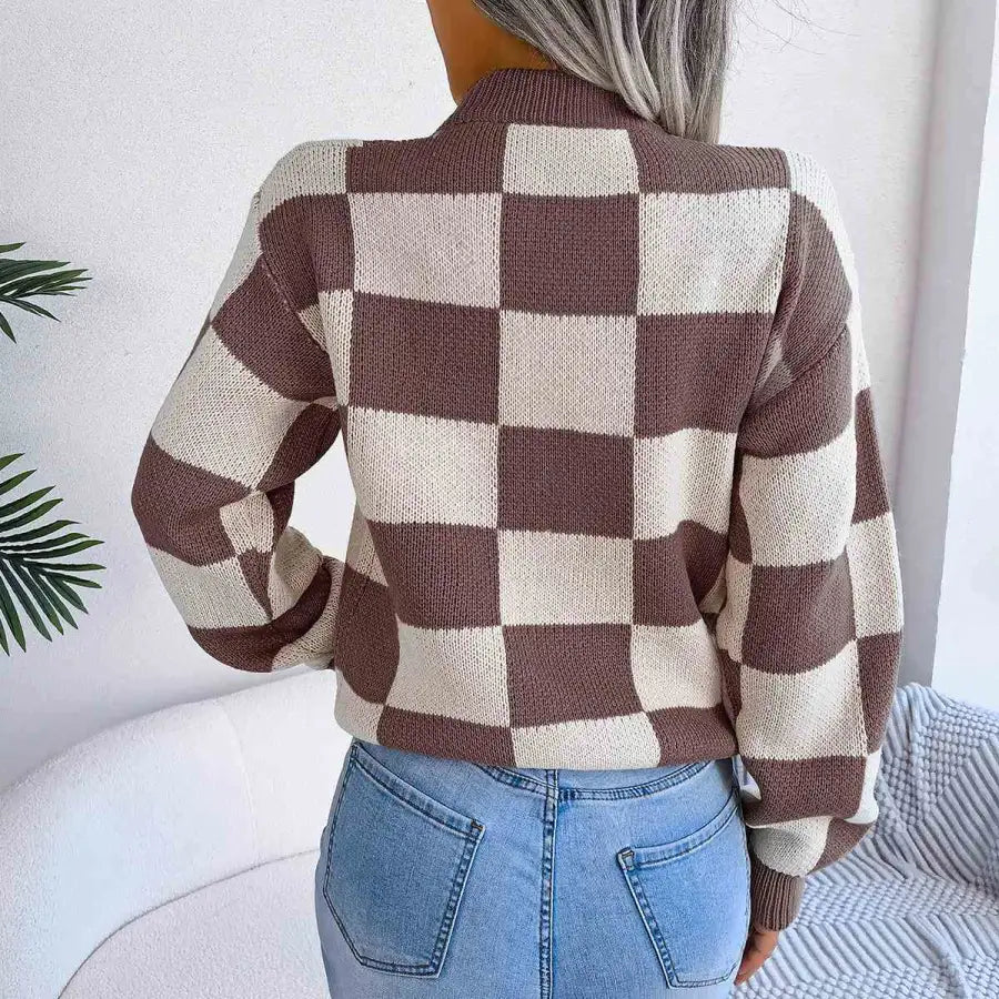 Chic Checkered Drop Shoulder Sweater for Effortless Style Clothing Tops Trendsi