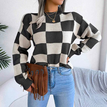 Chic Checkered Drop Shoulder Sweater for Effortless Style Clothing Tops Trendsi