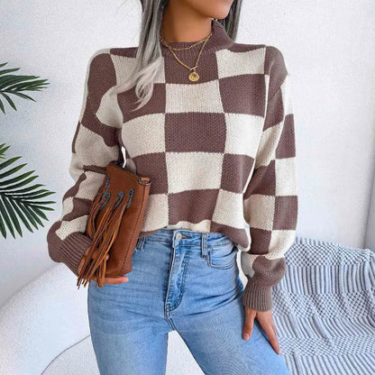 Chic Checkered Drop Shoulder Sweater for Effortless Style Clothing Tops Trendsi