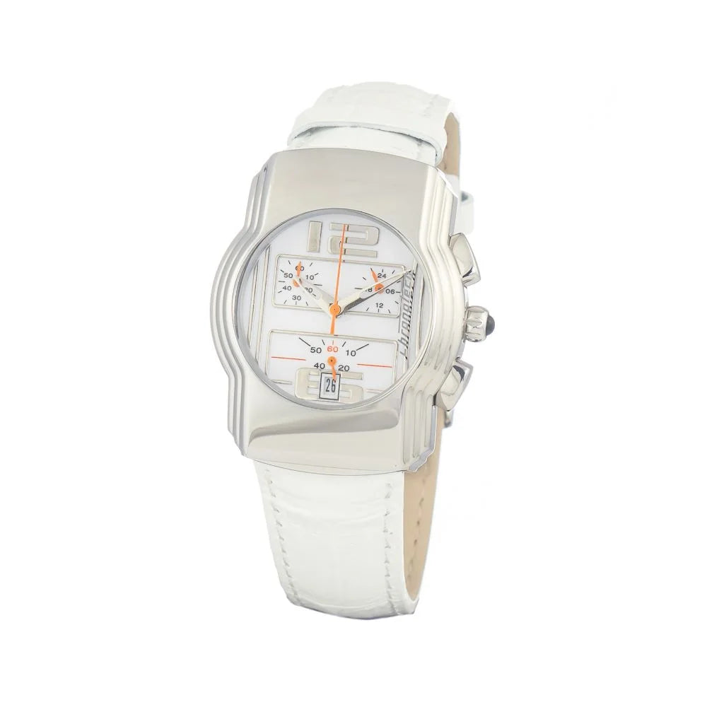 Chic Silver Steel Quartz Watch with White Leather for Fashion Clothing Chronotech