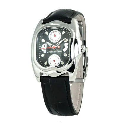 Chronotech Black Leather Dress Watch Silver Steel Case 33MM Dial