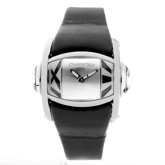Chronotech Black Leather Dress Watch with Silver Steel Case 48MM