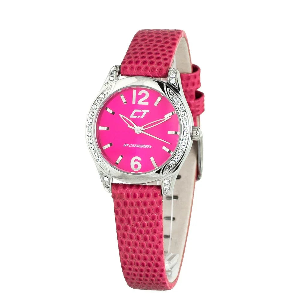 Chronotech Multicolor Leather Dress Watch with Pink Dial and Silver Case