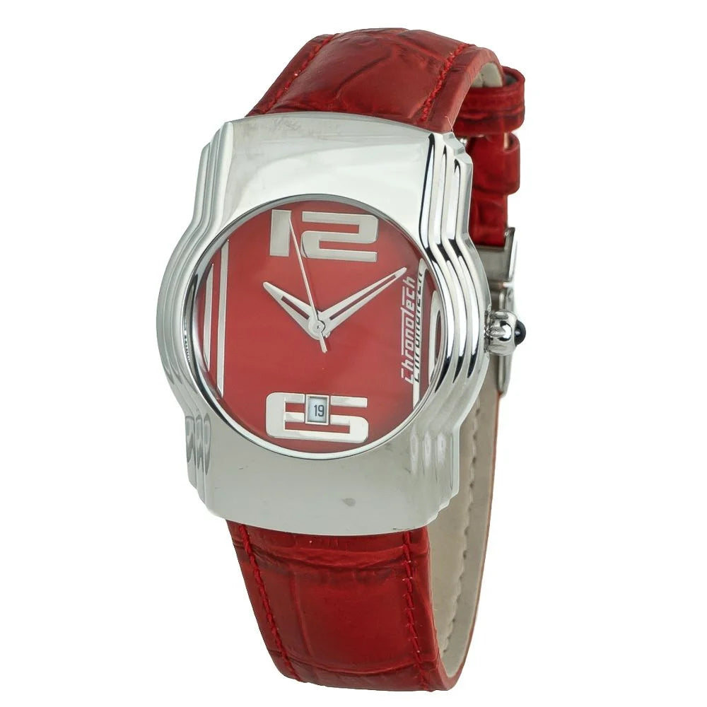 Chronotech Red Leather Dress Watch with Silver Steel Case 38MM