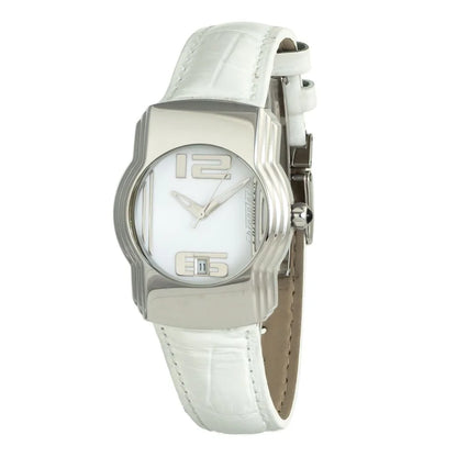 Chronotech White Leather Dress Watch in Silver Steel 33MM