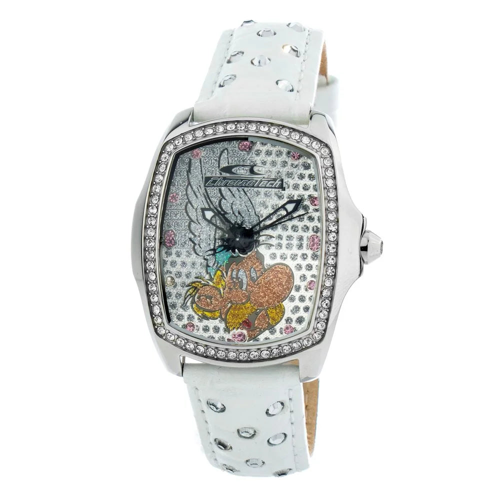 Chronotech White Leather Dress Watch Silver Steel Case 33MM