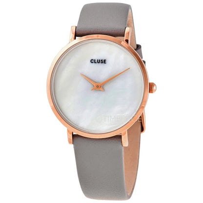 Cluse Gray Leather Dress Watch with Pink Stainless Steel and White Dial