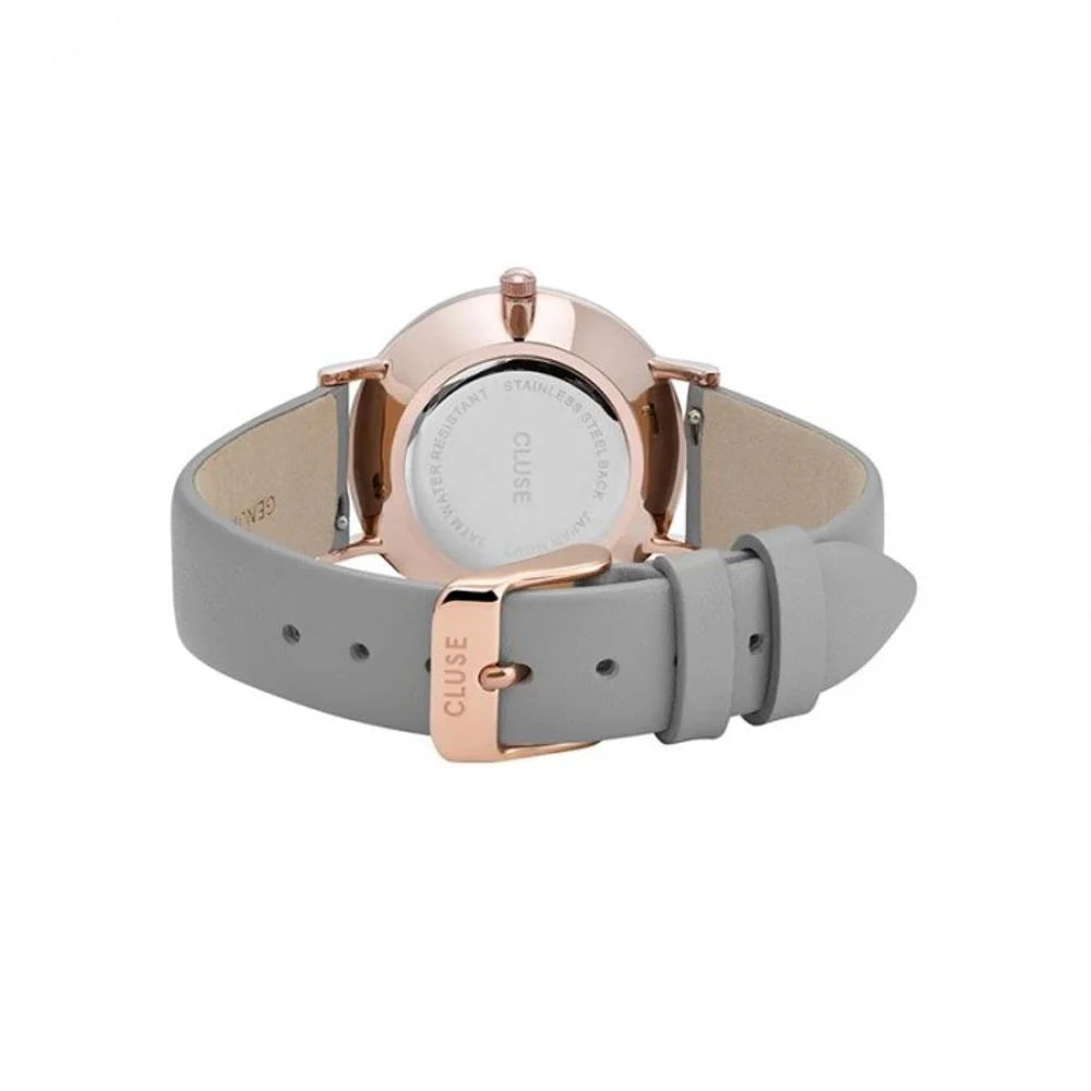 Cluse Gray Leather Dress Watch with Pink Stainless Steel and White Dial