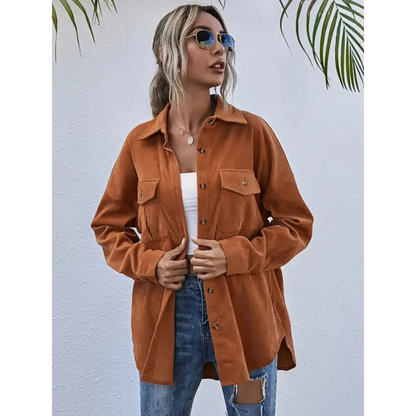 Elevate Your Style with the Dropped Shoulder Corduroy Shacket Clothing Tops Trendsi