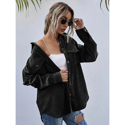 Elevate Your Style with the Dropped Shoulder Corduroy Shacket Clothing Tops Trendsi