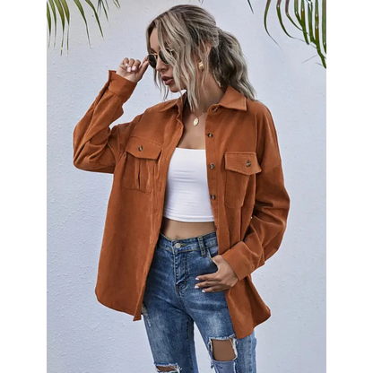 Elevate Your Style with the Dropped Shoulder Corduroy Shacket Clothing Tops Trendsi