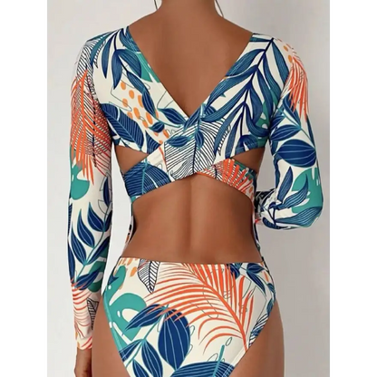 Crisscross Round Neck Long Sleeve Swimwear Trendsi