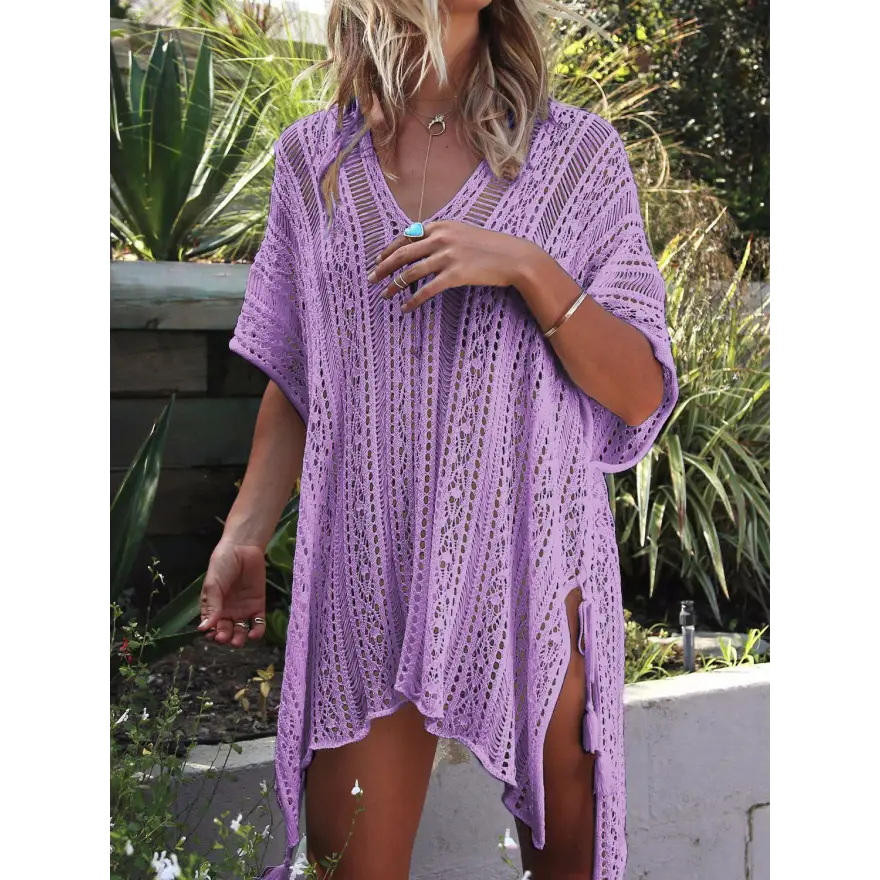 Beach Ready Cutout Tassel V Neck Cover Up Trendsi