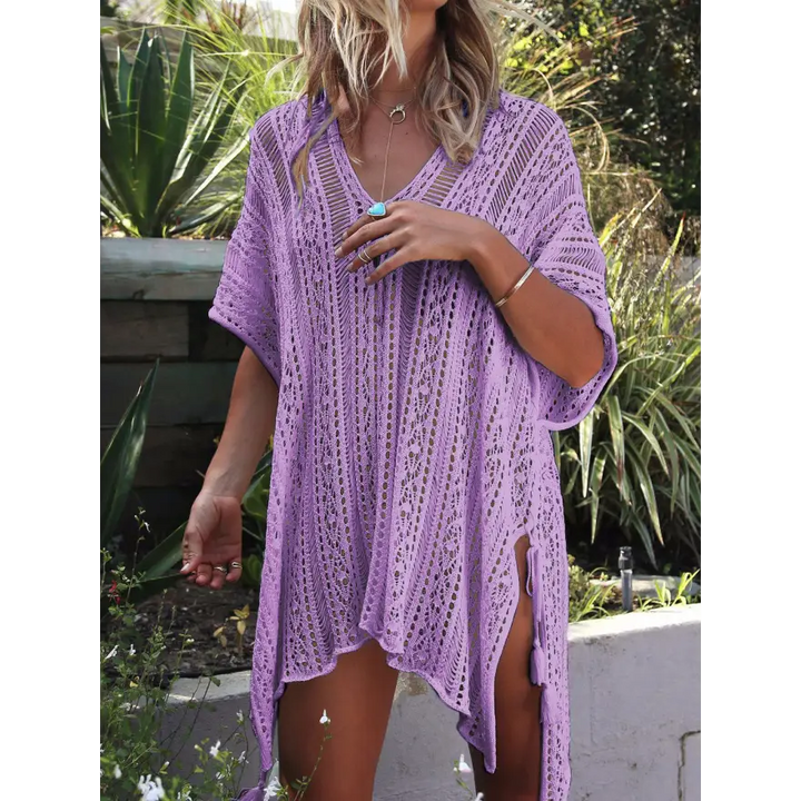 Beach Ready Cutout Tassel V Neck Cover Up Trendsi