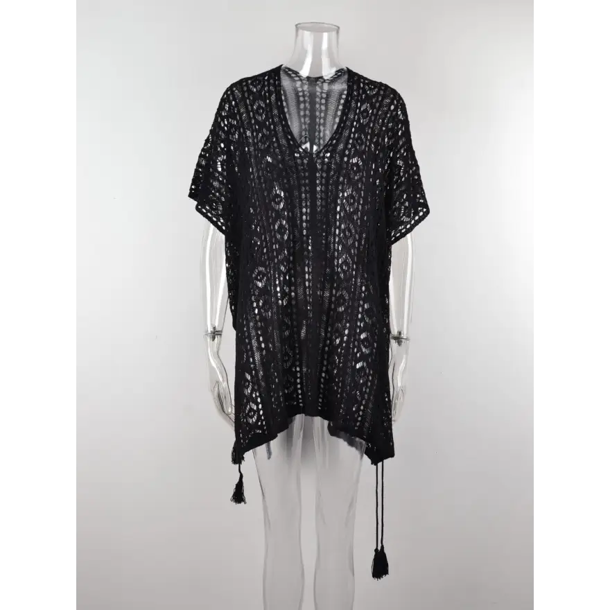 Beach Ready Cutout Tassel V Neck Cover Up Trendsi