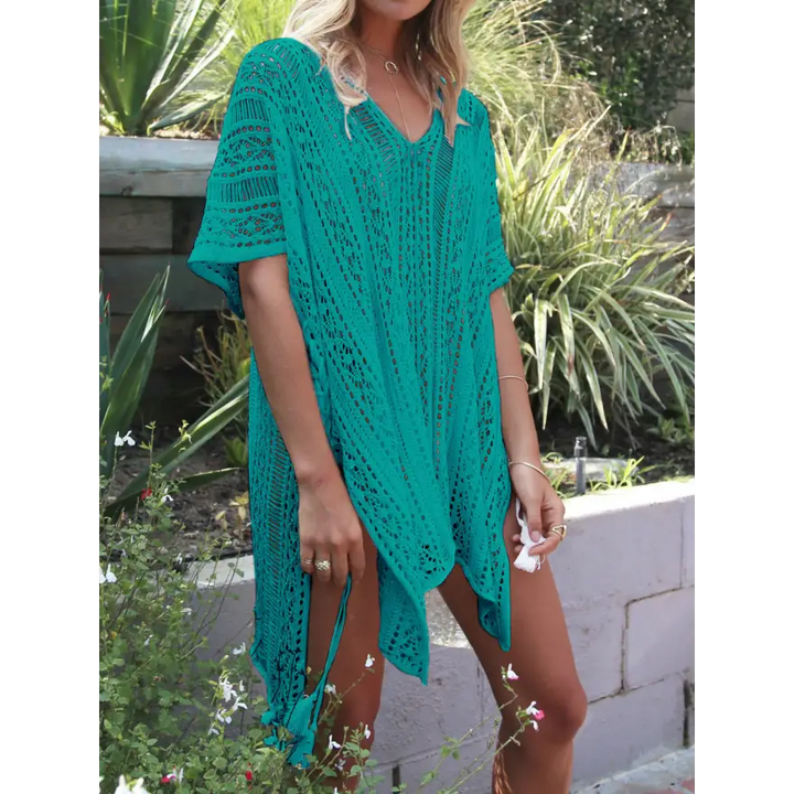 Beach Ready Cutout Tassel V Neck Cover Up Trendsi
