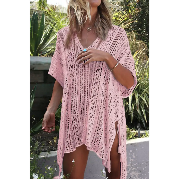 Beach Ready Cutout Tassel V Neck Cover Up Trendsi