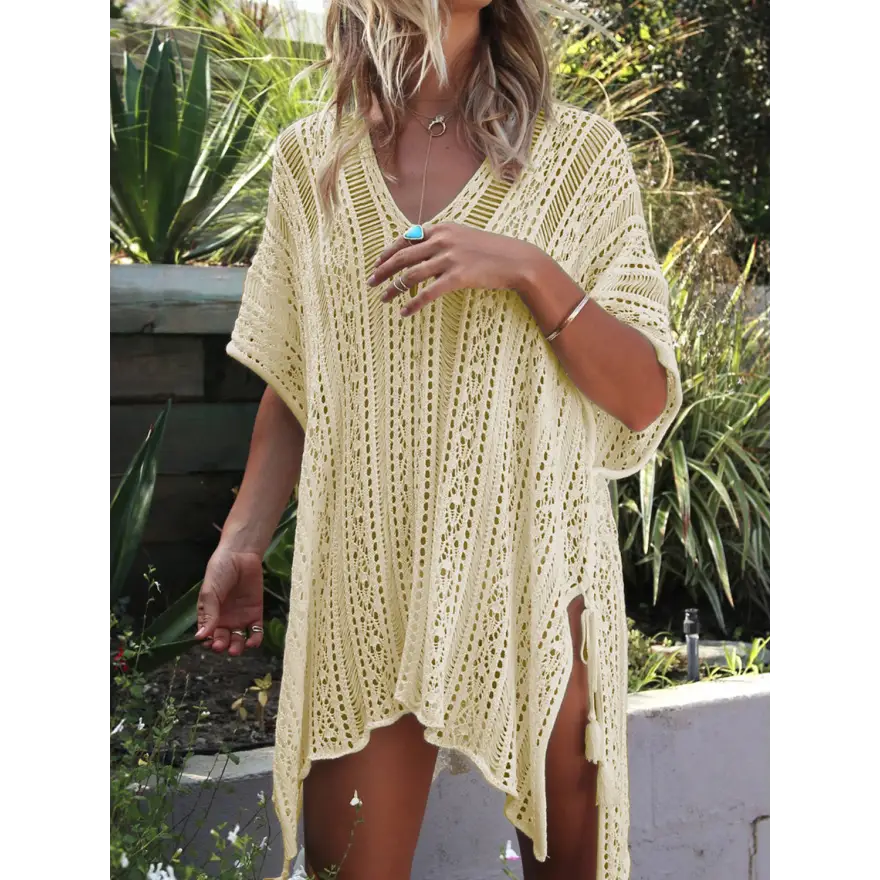 Beach Ready Cutout Tassel V Neck Cover Up Trendsi