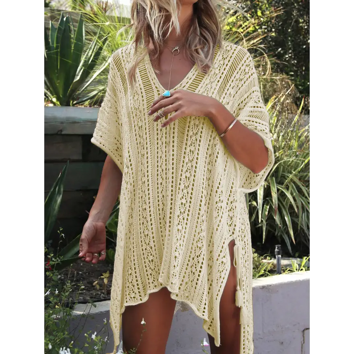 Beach Ready Cutout Tassel V Neck Cover Up Trendsi